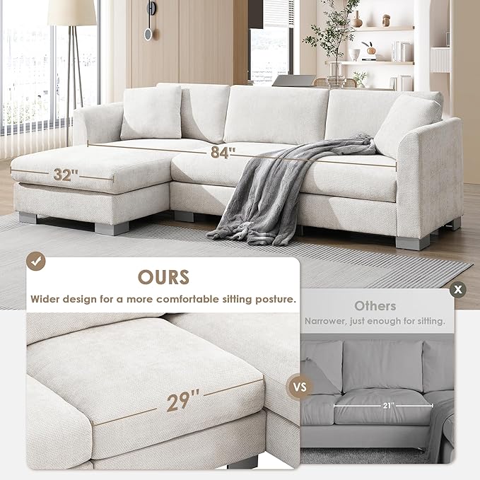 roomfitters 96 * 56 Modern Cloud Sectional Sofa L-Shaped Luxury Couch Set with 2 Pillows 4-Seat Indoor Furniture with Oversized Chaise for Living Room Minsk
