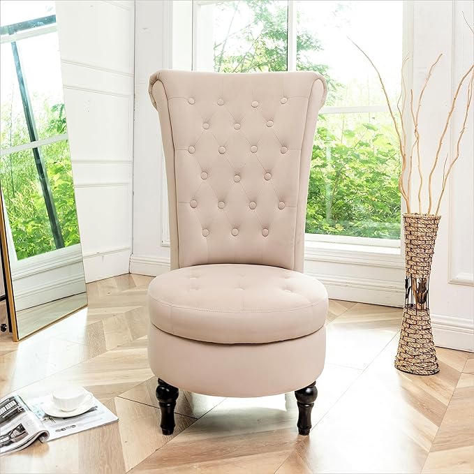 Royal High-Back Velvet Accent Chair for Vanity with Storage and Luxurious Upholstery Retro Design and Versatile Usage for Living Room Bedroom Lounge and Office Ivory
