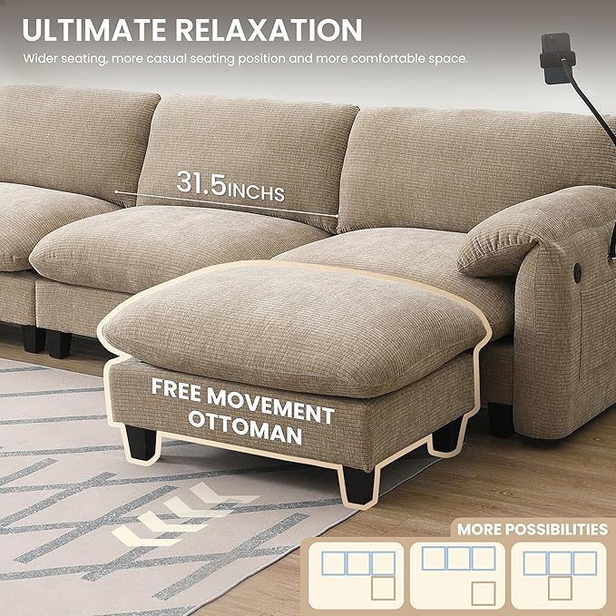 108 Modular Sectional Sofa L-Shape Upholstered Couch with Free Movement Ottoman Phone Holder and 2 Side Storage Pockets 31.5 Extra-Wide Seat Cushion Striped Chenille (Light Khaki+Beige/511)