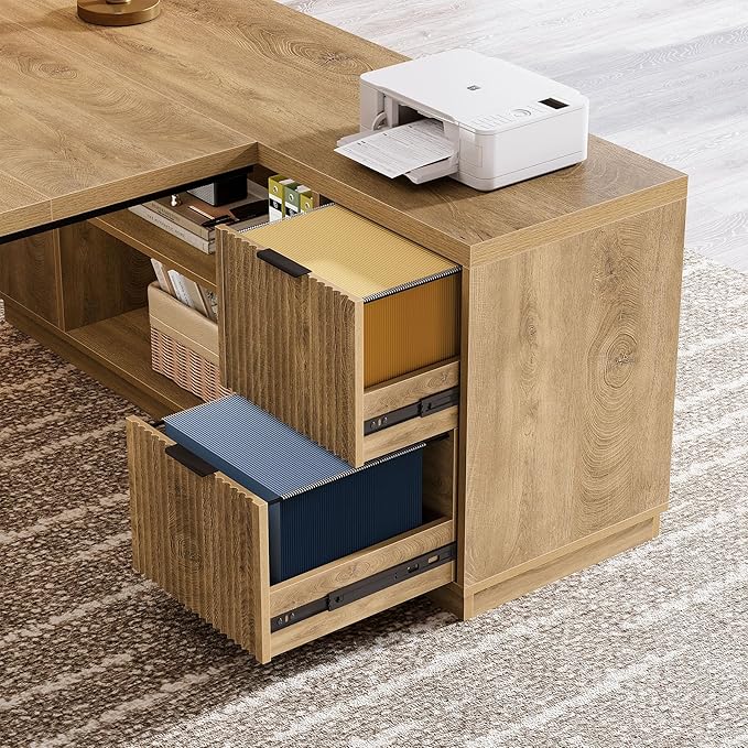 Tribesigns 78 L Shaped Desk with Drawers Large Executive Office Desk with File Cabinet and Shelves Modern Corner Computer Table Business Furniture for Home Office Brown
