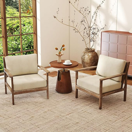 Giantex Mid Century Modern Accent Chair Set of 2 Wooden Arm Chair w/Solid Wood Frame Removable Seat Cushion &amp Pillow Vintage Comfy Reading Chair for Living Room Bedroom Study