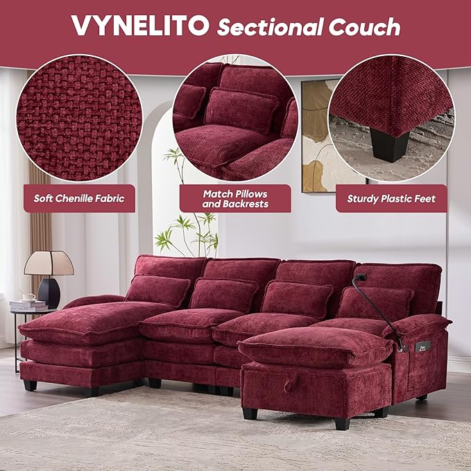 U Shaped Modern Sofa Modular Sectional Cloud Couch with Storage Ottoman Upholstery Chenille Deep Seat Sofa with Charging Port for Living Room Reversible Chaise Lounge Wine Red
