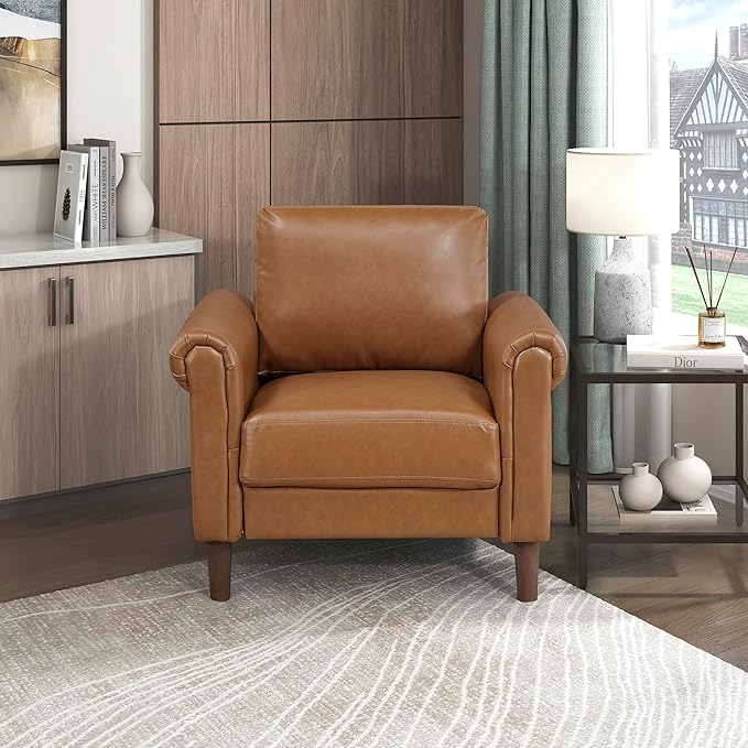 Lexicon 35 W Living Room Accent Chair Faux Leather Upholstered Armchair with Rolled Armrest for Bedroom/Office/Waiting Room Single Sofa Chair Brown
