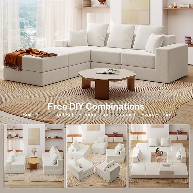 Living&ampGiving 101 U-Shaped Cloud Sectional Couch for Living Room Cloud Boneless Couch-No Assembly with Reversible Chaise Customizable 3-Seat Modular Sectional Sofa with 2 Ottoman Beige