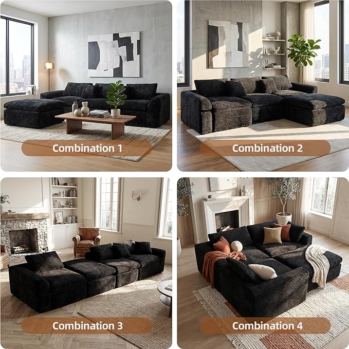 L-Shaped Corner Corduroy Sectional Sofa 4 Seat Modular Boneless Sofa Foam Cloud Couch with Movable Ottoman and Toss PillowsModern Deep Seat Convertible Chaise Sofa