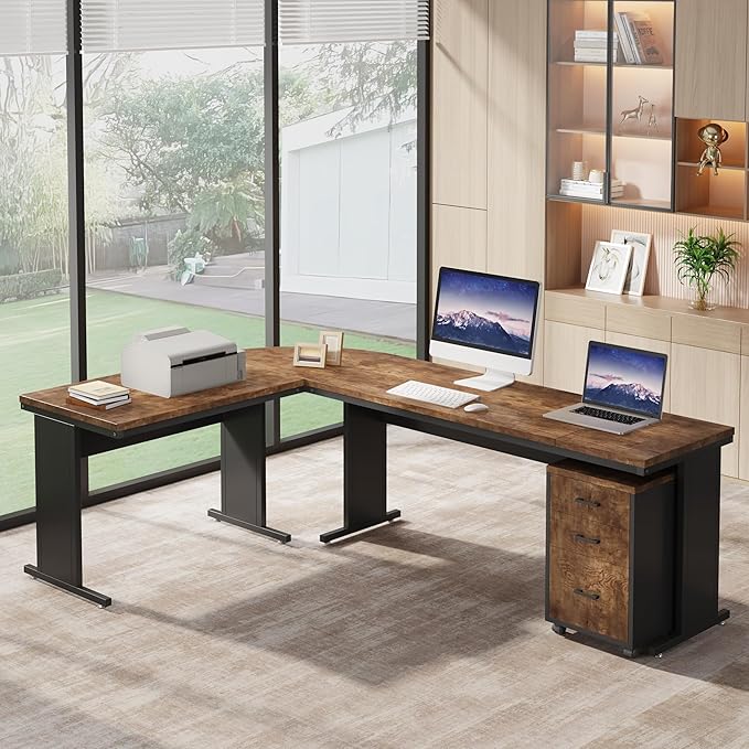 Tribesigns 83 L-Shaped Executive Desk Reversible Modern Office Desk with Drawers &amp Rolling File Cabinet Large Corner Computer Desk Business Workstation for Home Office (Brown)
