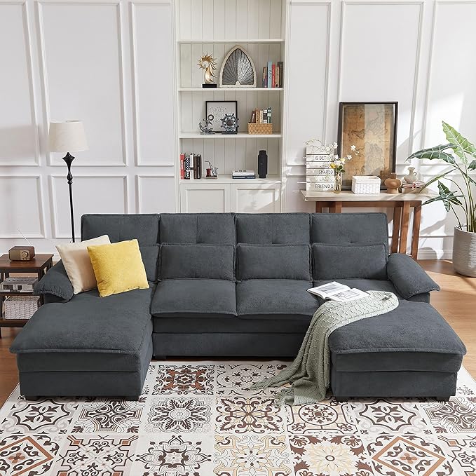 110 Comfy Cloud Couch Sectional Sofa with Lumbar Pillows Modern U-Shaped Cloud Sofa with Double Chaise &amp Deep Seat for Living Room or Office Easy Assembly Dark Grey