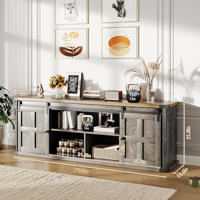 GAOMON 70 Farmhouse TV Stand for 80/75/70 Inch TVsEntertainment Center Storage Cabinets w/Power Outlets and Sliding Barn DoorRustic TV Stands for Living RoomMedia Console Cabinet