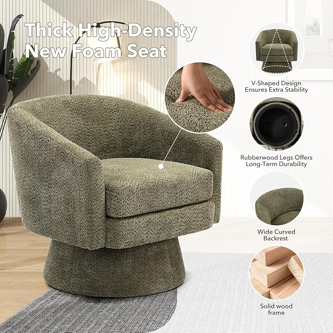 360° Swivel Barrel Accent Chair Modern Swivel Accent Chair Chenille Upholstered Armchair with Armrests &amp Storage Comfortable Single Lounge Sofa for Living Room Bedroom Office - Green