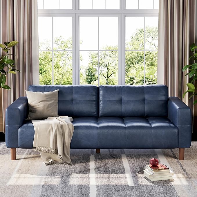 GAOMON 83 Inches 3-Seater Sofa Couch Faux Leather Couch with Back Cushion Waterproof Wide Arm Sturdy Support Feet for Office Living Room Bedroom Blue