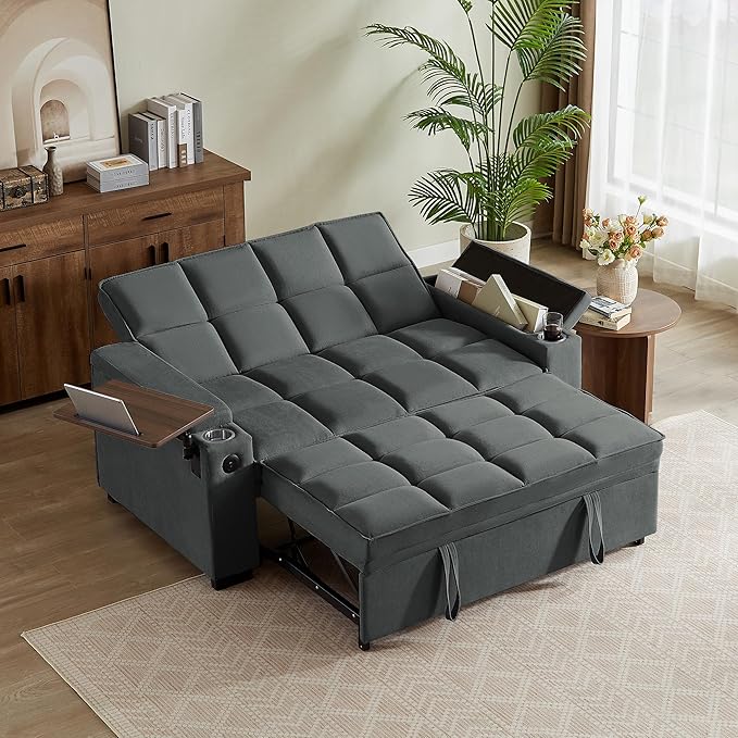 66 Multi-Functional Pull-Out Sofa Bed with Hidden Side Table Storage Armrests Built-in Charging Port Spring Mattress Solid Wood Frame – Ideal for Small Spaces Easy Assembly