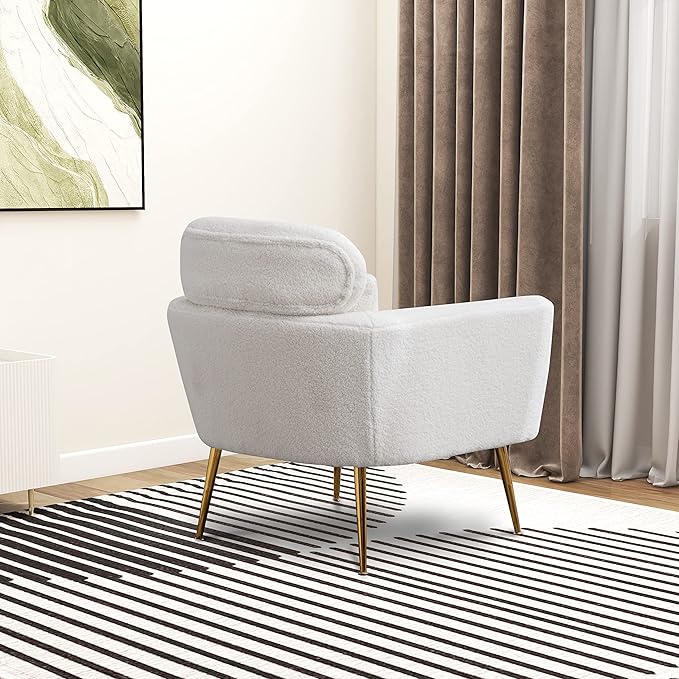 29.5 W Modern Boucle Accent Chair Armchair Upholstered Reading Chair Single Sofa Leisure Club Chair with Gold Metal Leg and Throw Pillow for Living Room Bedroom Dorm Room Office Ivory Boucle
