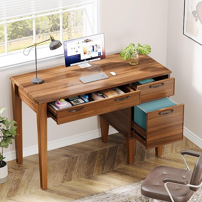 Tribesigns 47 Wood Computer Desk with 3 Drawers Farmhouse Small Office Desk with File Drawers Writing Table with Storage for Home Office Bedroom Study Room Brown