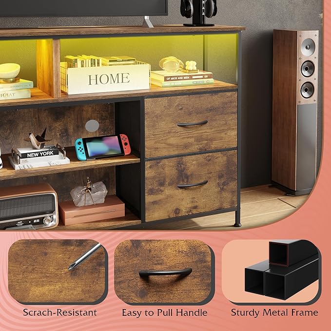WLIVE TV Stand Dresser for 505560 inch TV Entertainment Center with LED Lights &amp Fabric Drawers Dresser TV Stand for Bedroom and Living Room with Open Shelves Rustic Brown