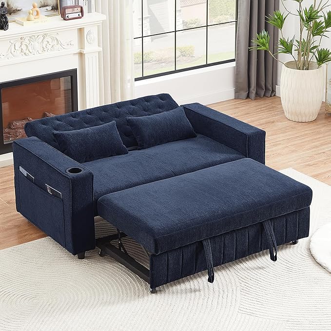61.4 Pull-Out Sofa Bed Convertible Sleeper Sofa Bed with Adjustable Backrest Cup Holders Storage Rack Handy Side Pockets Two Lumbar Pillows Modern Loveseat Sofa for Living Room