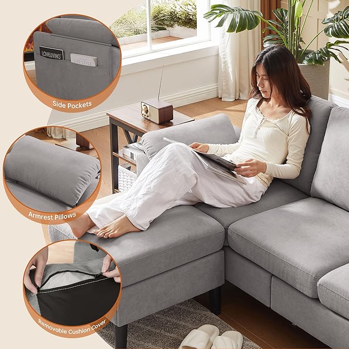 Convertible Sectional Sofa 79 Modern L Shaped Couch Linen Upholstered 3 Seat Sofa with Reversible Chaise Couches for Living Room Apartment Light Grey