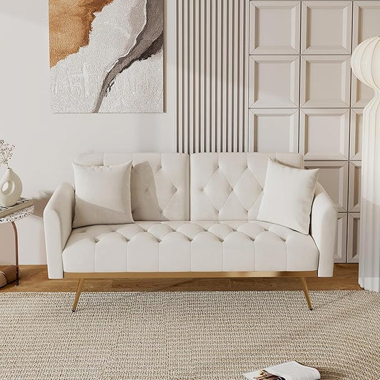 Modern Velvet 2 in 1 Futon Sofa BedConvertible Folding Sleeper Bed Couches with 2 Pillows73 Tufted Recliner Love Seat with Golden Chrome Legs for Living Room Apartment Office (Beige-New)