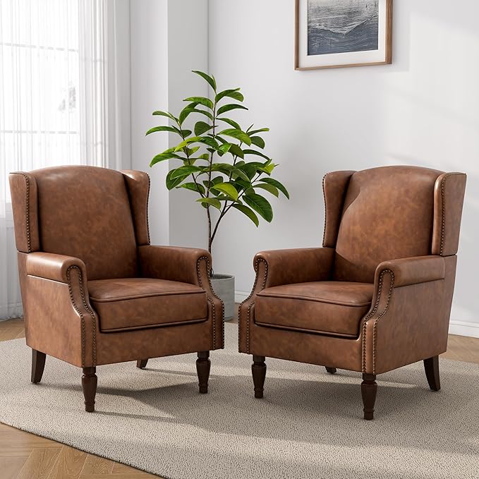Floral High Back Accent Chair Upholstered Armchair with Solid Wood Legs Comfy Wingback Reading Single Sofa Chair for Small Spaces Living Room Bedroom(Leather Brown Set of 1)