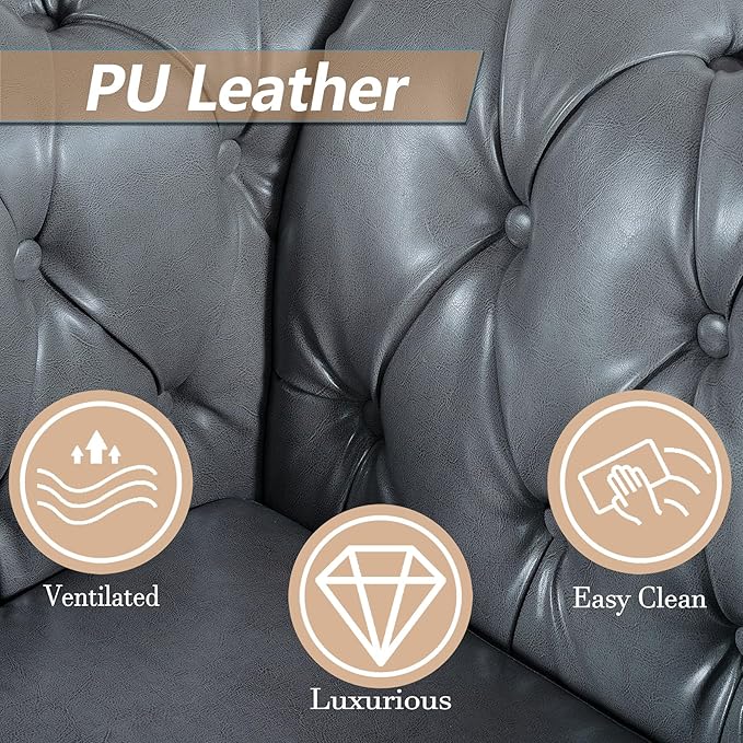Oversized Chesterfield Chair PU Leather Accent Chair with Tufted Back Club Chair for Living Room Bedroom Gothic Victorian (Grey)