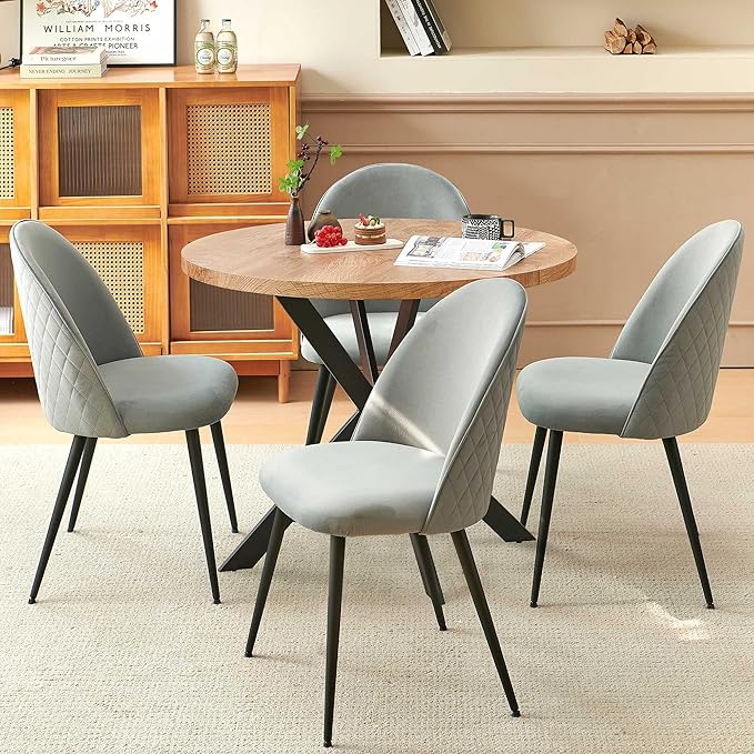 Dining Table Set for 4 Modern Mid-Century Compact Kitchen Table with Chairs Set 37-in Round Breakfast Nook Dinner Table Set with Upholstered Dining Side Chairs for Dining Room Grey