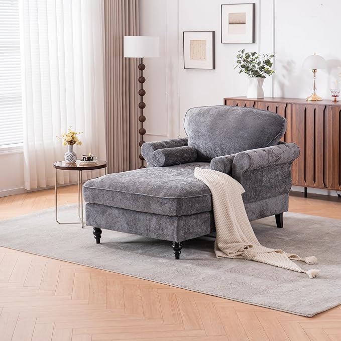 KEIKI Oversized Chaise Lounge Chenille Upholstered Single Sofa Couch BedLazy Sleeper Armchair for Living RoomBedroom