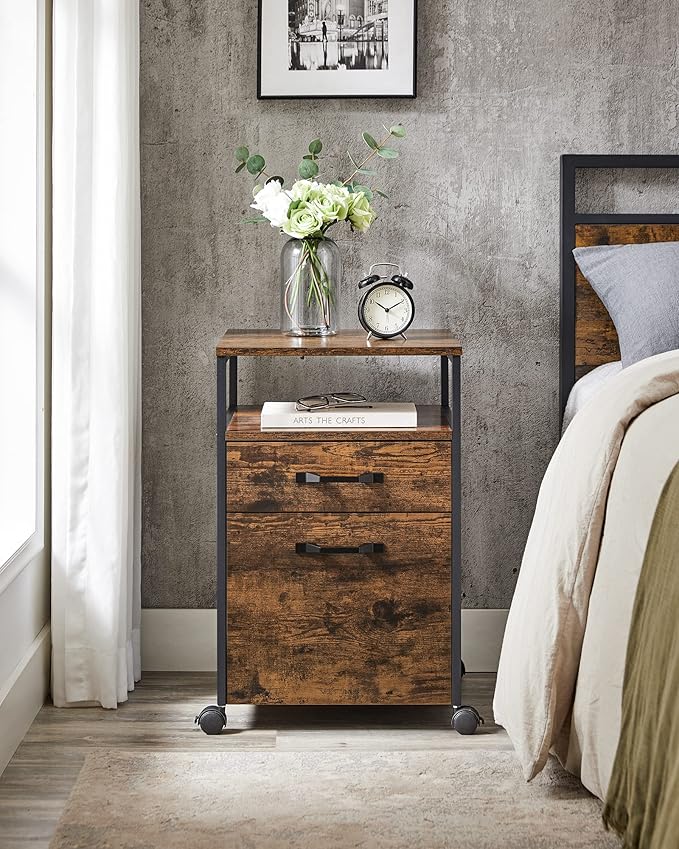 VASAGLE File Cabinet Mobile Filing Cabinet with Wheels 2 Drawers Open Shelf for A4 Letter Size Hanging File Folders Rustic Brown and Ink Black UOFC71X