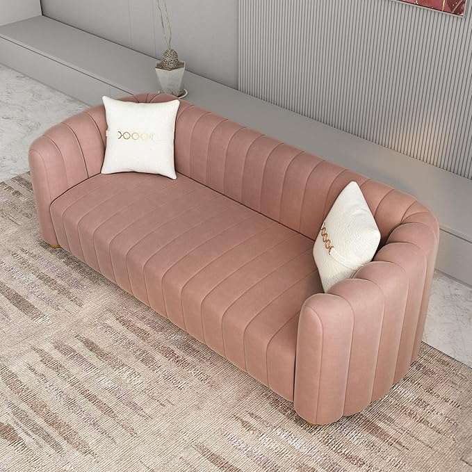 Modern Pink Velvet Couch for Living Room 83.46 Curved Sofa with Gold Metal Sphere Legs 3 Seater Upholstered Cute Couch (Pink)