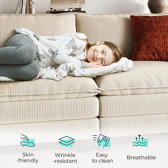 LINSY HOME 90'' Cloud Loveseat Sofa Modular Sectional Couches Corduroy Cloud Couch Soft Modern Comfy Love Seat Sofa Set for Living Room Apartment Office Beige
