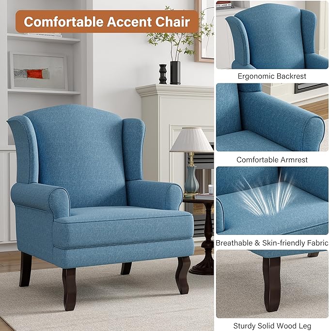 High Back Accent Chairs Set of 2 Comfy Upholstered Fabric Armchair for Living Room Mid Century Modern Club Accent Chair with Solid Wood Legs Single Sofa Reading Chair for Bedroom Sky Blue