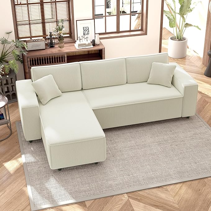 HOMCOM 95 Sectional Sofa with Reversible Chaise Lounge L-Shaped Corner Sofa with Corduroy Fabric Pocket Spring 2 Pillows Wide Arm Thick Padded 3 Seat Couch for Living Room Cream White