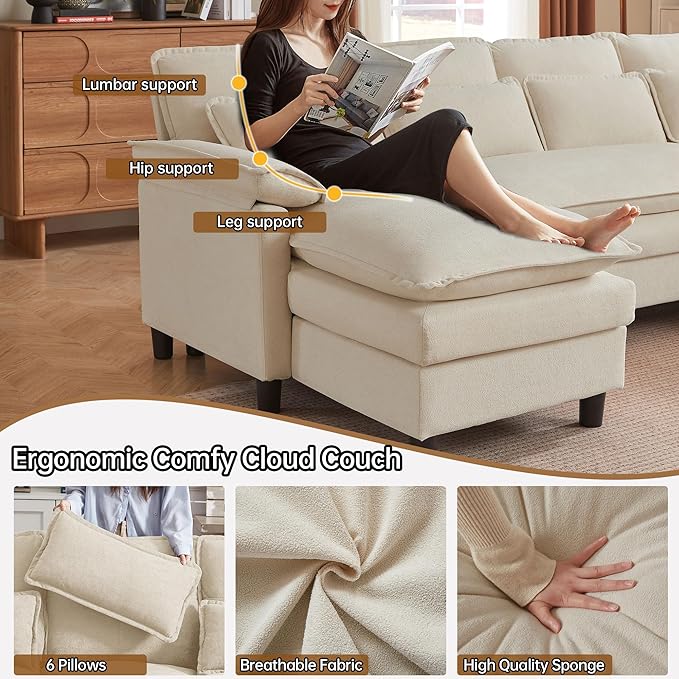 Comfy Cloud Couch Sectional Sofa with Lumbar Pillows 105 Modern U-Shaped Cloud Sofa with Double Chaise &amp Deep Seat Sectional Couches for Living Room Office Easy Assembly Beige