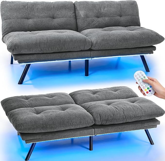 YITAHOME Convertible Futon Sofa Bed with Adjustable 3 Color Light Strip 70 Folding Futon Set for Living Room Home Office Aprtment Modern Futon Couch with Adjustable Backrest &amp Armrests Grey