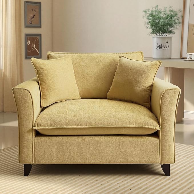 ERYE 46.9 Chenille Upholstered Accent Chair Wide Seat for Living Room Bedroom Modern Leisure Cushion Armchair W/ 2 Pillows and Removable Cover for Home Apartment Office