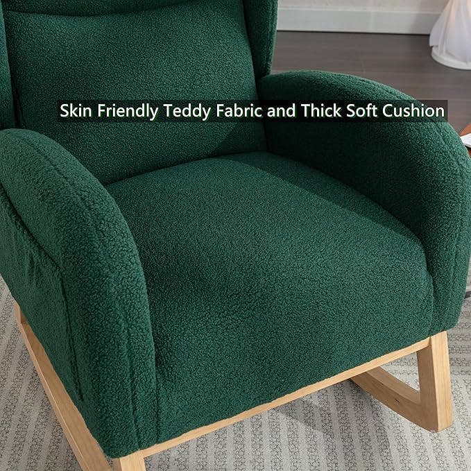 Setawix Teddy Rocking Glider Chair for NurseryUpholstered Living Room Rocker Arm ChairLeisure Sherpa Wingback ArmchairMid Century Modern Rocking Accent Chair with Side Pockets (Wingback Green)