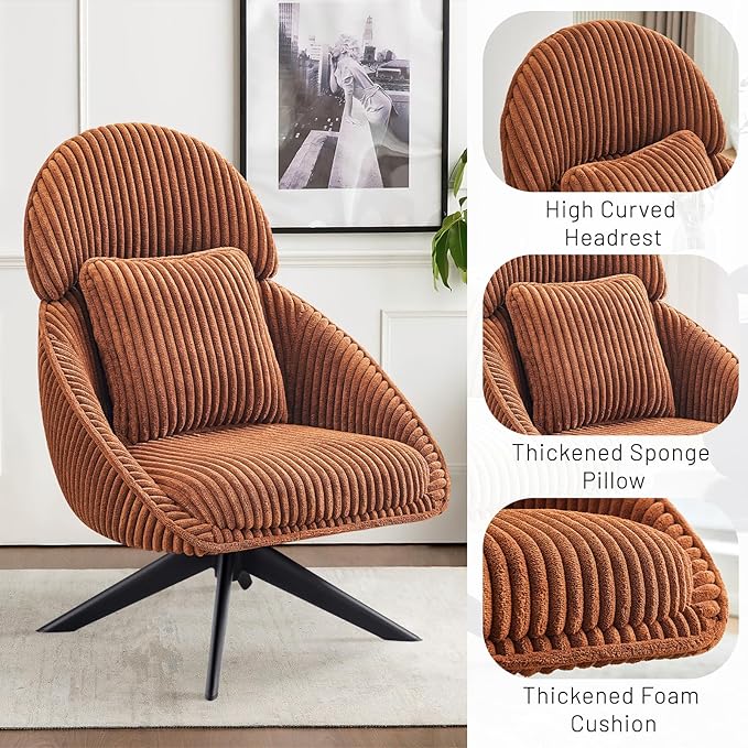Furniliving Large Swivel Accent Chair Modern Arm Chair Sofa Chair with Pillow Living Room Chair Bedroom Chair with Headrest Comfy Desk Chair Upholstered Chairs for Rest Room Corduroy Orange