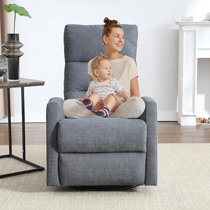 360° Swivel Rocking Chair for Nursery Manual Glider Chair Nursing Chair with Side Pockets Polyester Glider for Living Room Heavy Duty Motion Mechanism Gray