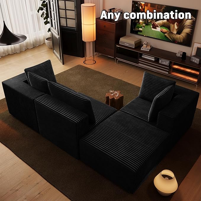 106 Sectional Sofa Couch 4-Piece L-Shaped Cloud Couch with Chaise Modular Sofa for Living Room with Sturdy Metal Frame &amp 5 Pillows Boneless Fluffy Corduroy Deep Seat Couch(Black)