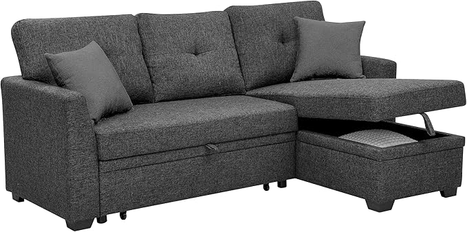 76 Linen Blend Convertible Sofa with Pull-Out Bed Stylish Sleeper Couch with Hidden Storage Space 3-Seater Couch with 2 Soft Pillows for Living Rooms Charcoal Black