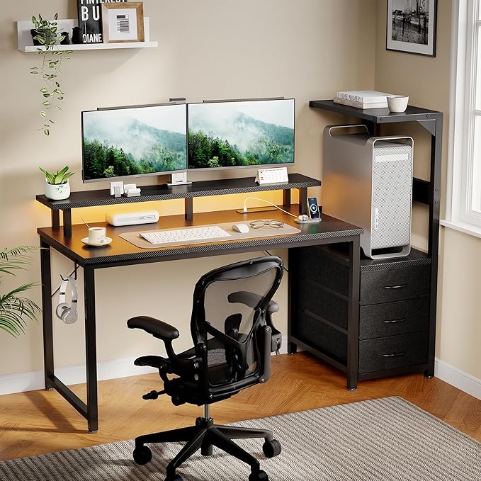 DUMOS L Shaped Gaming Desk with Shelves Storage Drawers 52'' Black Computer Desks with LED Lights Power Outlets Office Wood Table with PC Stand Cable Management for Bedroom Dual Monitor Streaming