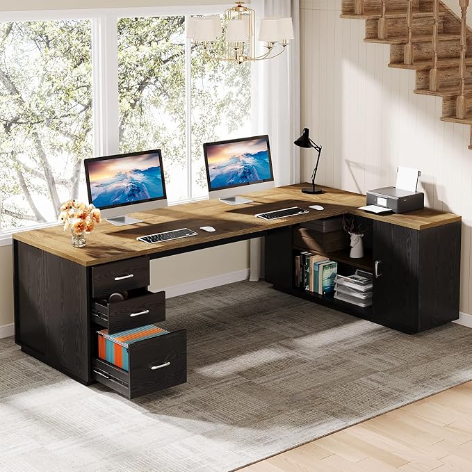 Tribesigns 85.8-Inch L-Shaped Executive Desk Extra Large Modern Office Desk with File Drawers Door Cabinet &amp Shelves Commercial Office Table Home Business Workstation Light Brown &amp Black