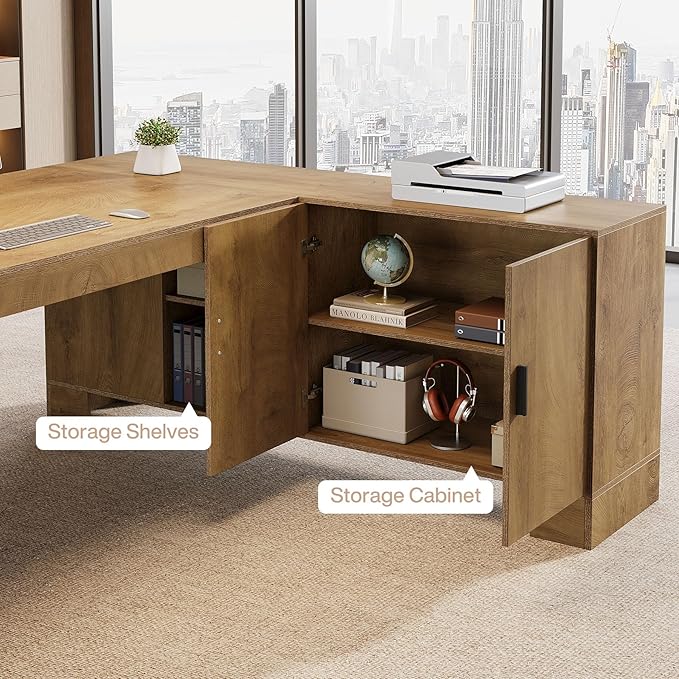Tribesigns L-Shaped Executive Desk 78-Inch Office Desk with Storage Cabinet and 2-Tier Shelf Large Wooden Computer Writing Table Business Furniture Workstation for Home Office Brown