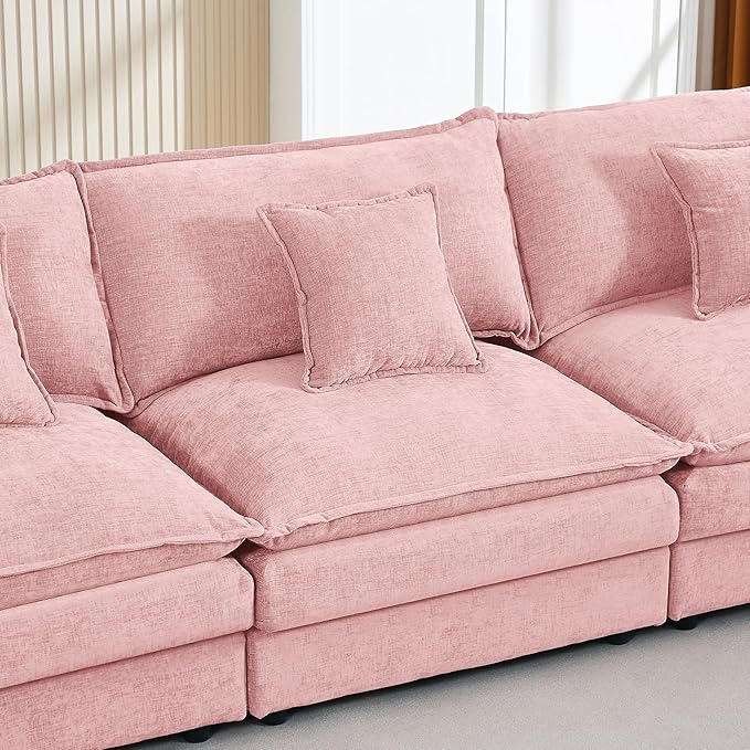 Modular Sectional Sofa 131 Inch U Shaped Couch for Living Room 6-Seater Comfy Chenille Cloud Couches with Movable Ottoman DIY Combination (Pink)