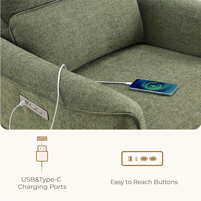 CHITA Power Nursery Rocking Chair Swivel Glider Recliner Chair with Solid Wood Base Bulit-in USB &amp Type-C Charging Ports for Living Room FSC Certified Moss Green