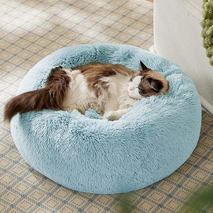 Bedsure Calming Cat Beds for Indoor Cats - Small Cat Bed Washable 20 inches Anti-Slip Round Fluffy Plush Faux Fur Pet Bed Fits up to 15 lbs Pets Aqua Blue
