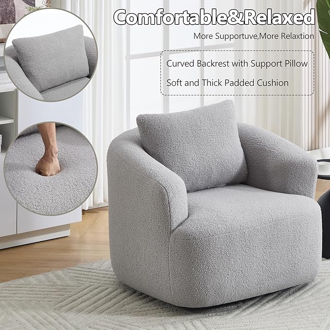 PELUMY Swivel Accent Chair Modern Round Barrel Chair Soft Teddy Fleece Fabric Swivel Chair for Living Room 360 Rotating Small Space Comfort Reading Chair No Tools Assembly (Light Grey)