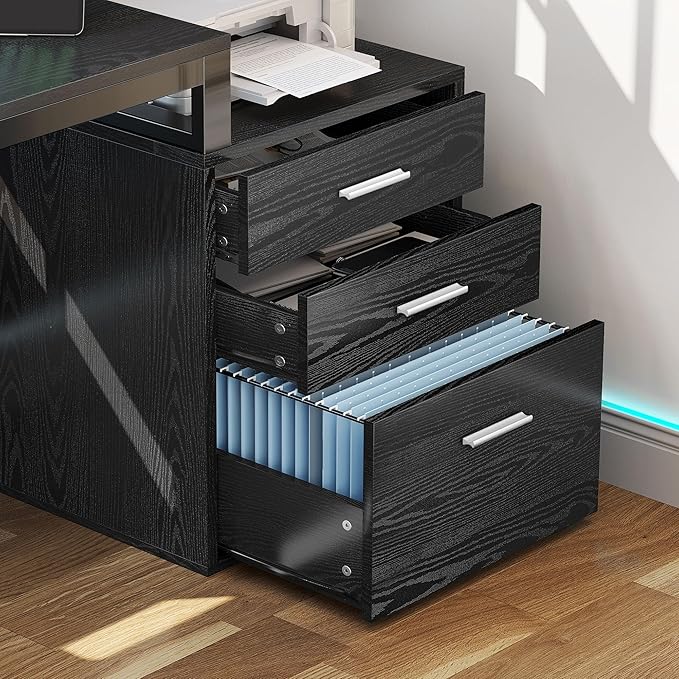 YITAHOME L Shaped Desk with 3 Drawers 65 Corner Computer Desk with Power Outlets &amp LED Lights L-Shaped Desk with File Cabinet &amp Printer Stand for Home Office Black