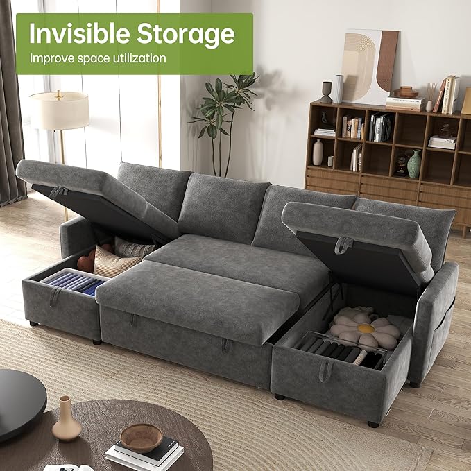 Real Relax 104'' Sofa Bed U Shaped Chenille Sleeper Sofa Couch with Pull Out Bed and Chaise Storage for Living Room Apartment and Office Dark Gray