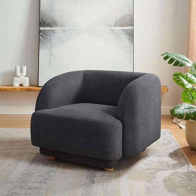 VANOMi Oversized Living Room Chair Modern Comfy Accent Barrel Chairs Single Sofa Chair with Wood Legs Upholstered Armchair for Bedroom Office Waiting Room (Dark Gray)