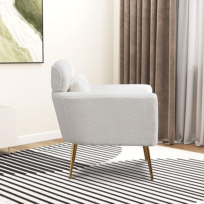 29.5 W Modern Boucle Accent Chair Armchair Upholstered Reading Chair Single Sofa Leisure Club Chair with Gold Metal Leg and Throw Pillow for Living Room Bedroom Dorm Room Office Ivory Boucle