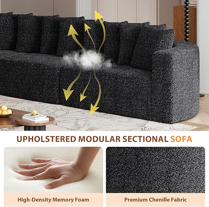 131” Oversized L Shaped Couch Corner Curved Modular Sectional Sofa with 10 Pillows Cloud Chenille Deep Seat No Assembly Required for Living Room Left Chaise Black